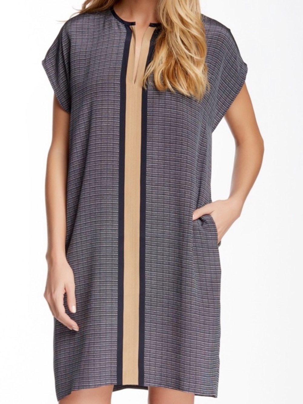 Vince Silk Geometric Shift Dress . Navy & Beige Stripe Tunic Dress. Small